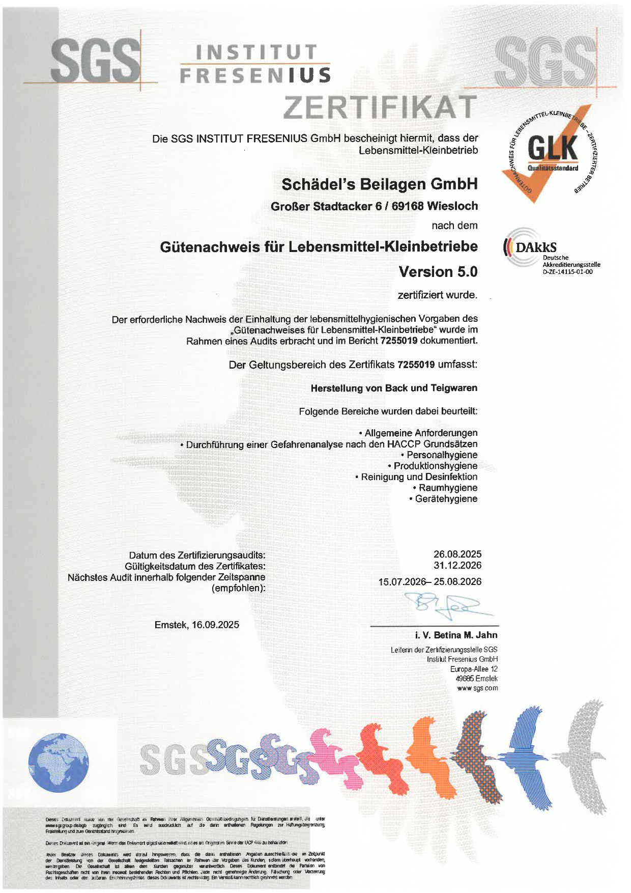Zertifikat Institut Fresenius SGS 2025 26